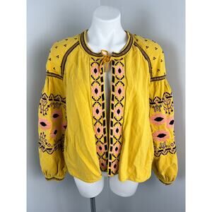 Free People Embroidered Swingy Trophy Linen Blend Jacket in Yellow Boho Large